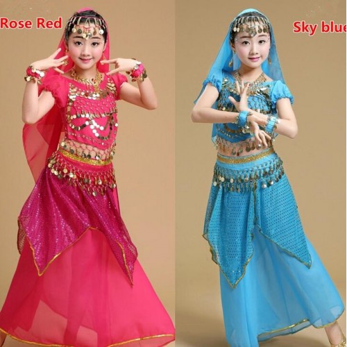 Red yellow fuchsia Belly Dance Costume Kids Indian Dance Dress Child Bollywood Dance Costumes Girls Performance Bellydance Wear Tribal 